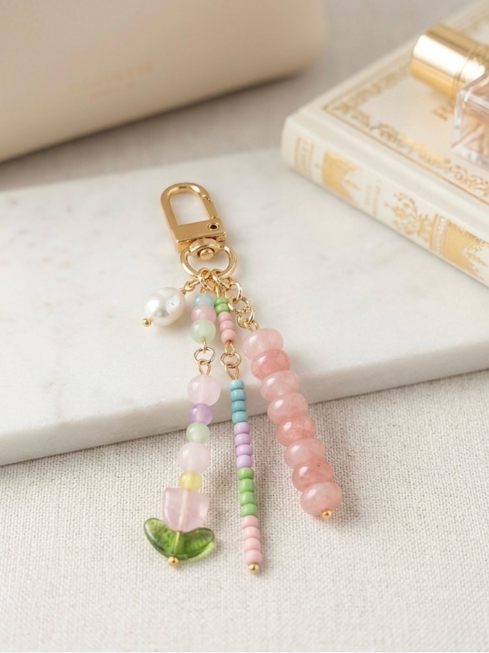 Pastel Pink Spring Tulip Handmade Beaded Bag Charm Keychain with Pearl